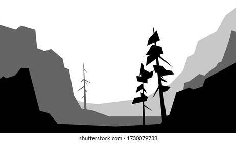 black and white low poly landscape vector spruce mountain hill valley silhouette illustration