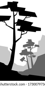 black and white low poly landscape vertical tree mountain hill silhouette vector illustration