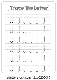 Black And white, Lowercase letter Tracing For Pre-school Kids with Arrow Direction j