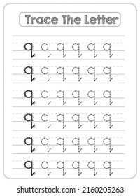 Black And white, Lowercase letter Tracing For Pre-school Kids with Arrow Direction q