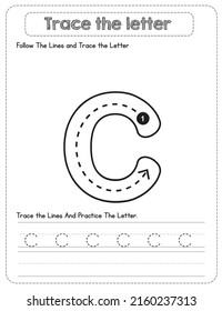 Black And white, Lowercase letter Tracing For Pre-school Kids with Arrow Direction c