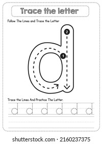 Black And white, Lowercase letter Tracing For Pre-school Kids with Arrow Direction d