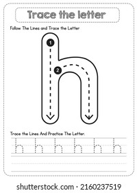 Black And white, Lowercase letter Tracing For Pre-school Kids with Arrow Direction h