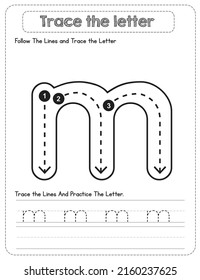 Black And white, Lowercase letter Tracing For Pre-school Kids with Arrow Direction m