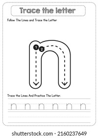 Rastreo de letras en minúscula en blanco y negro para niños preescolares con dirección de flecha n