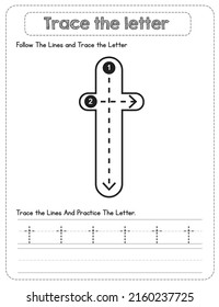 Black And white, Lowercase letter Tracing For Pre-school Kids with Arrow Direction t