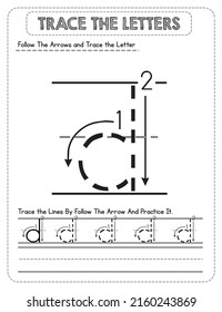 Black And white, Lowercase letter Tracing For Pre-school Kids with Arrow Direction d