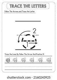 Black And white, Lowercase letter Tracing For Pre-school Kids with Arrow Direction e