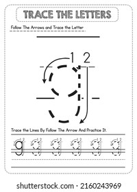 Black And white, Lowercase letter Tracing For Pre-school Kids with Arrow Direction g