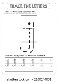 Black And white, Lowercase letter Tracing For Pre-school Kids with Arrow Direction j