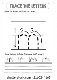 Black And white, Lowercase letter Tracing For Pre-school Kids with Arrow Direction m