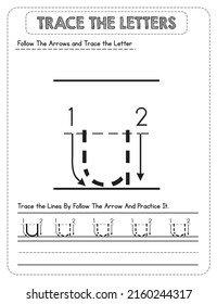 Black And white, Lowercase letter Tracing For Pre-school Kids with Arrow Direction u