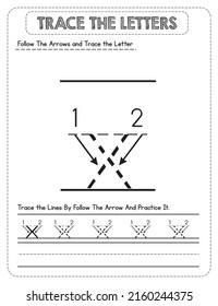 Black And white, Lowercase letter Tracing For Pre-school Kids with Arrow Direction x