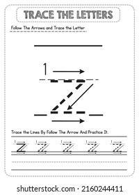 Black And white, Lowercase letter Tracing For Pre-school Kids with Arrow Direction z