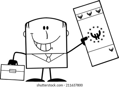 Black And White Lucky Businessman With Briefcase Holding A Euro Bill Cartoon Character