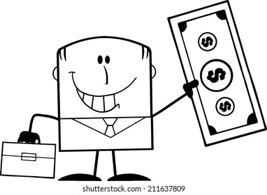Black And White Lucky Businessman With Briefcase Holding A Dollar Bill Cartoon Character