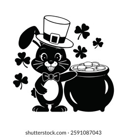 Black and White Lucky Leprechaun Bunny: St. Patrick's Day Vector Graphic