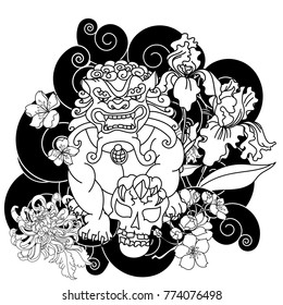 black and white Lucky lion tattoo design.Chinese lion statue with iris flower,Chrysanthemum flower and cherry blossom.