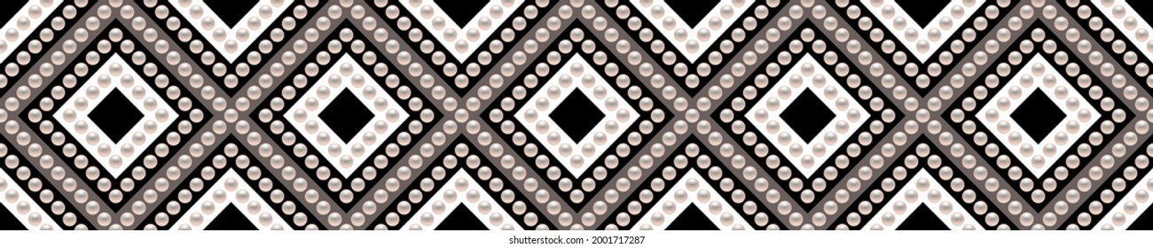 Black and white luxury background with rhombuses and pearls. Seamless vector illustration. 
