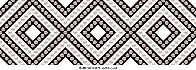 Black and white luxury background with rhombuses and pearls. Seamless vector illustration. 
