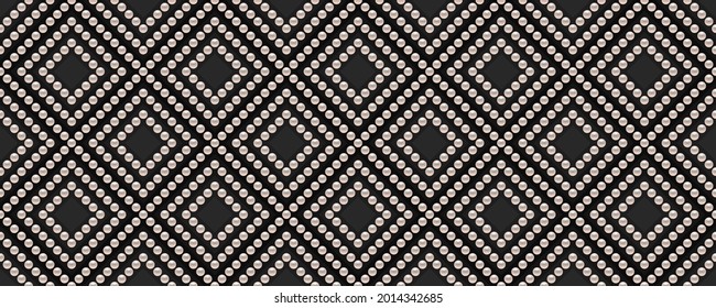 Black and white luxury background with rhombuses and pearls. Seamless vector illustration. 