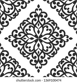 Black and white luxury seamless pattern with ornamental rhombus. Traditional Turkish, Indian motifs. Great for fabric and textile, wallpaper, packaging or any desired idea.