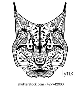 The black and white lynx print with ethnic patterns. Coloring book for adults antistress. Art therapy