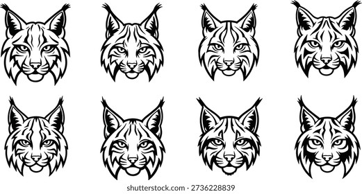 Black and White Lynx Vector Logo Set, Wild Cat Mascot Illustrations, Bobcat Face Icons, Tribal Style Feline Head Graphic Elements