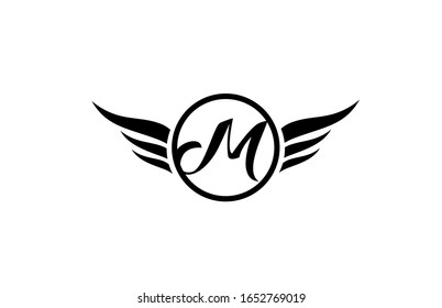 black and white M wing wings alphabet letter logo icon with circle for company design and business. Suitable for a logotype