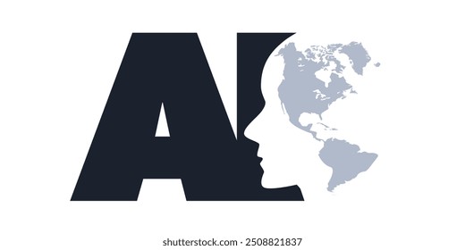 Black and White Machine Learning, Artificial Intelligence, Cloud Computing and Global Networks Concept with Earth Globe, Robot Face Profile and Big AI Label - Design Isolated on White Background