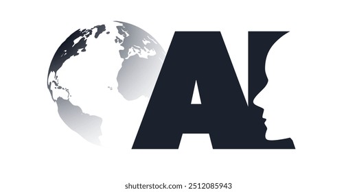 Black and White Machine Learning, Artificial Intelligence, Cloud Computing and Global Networks Concept with Earth Globe, Robot Face Profile and Big AI Label - Design Isolated on White Background