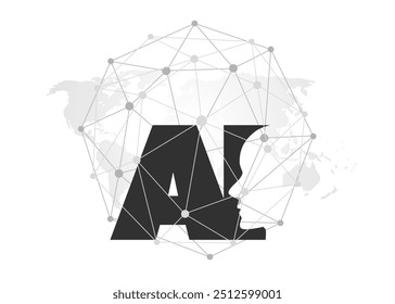 Black and White Machine Learning, Artificial Intelligence, Cloud Computing and Networks Banner Design Concept with World Map, Polygonal Globe and AI Label - Vector Template with Transparent Background