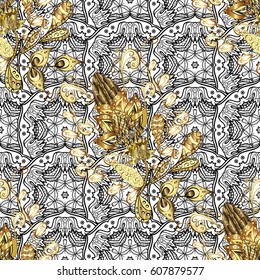 Black and white madalas with golden elements. Seamless oriental ornament in the style of baroque. Traditional classic vector golden seamless pattern.