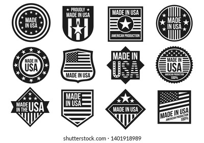 Black and white made in USA badges, banners and labels vector isolated on white background