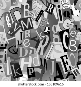 Black and white magazine letters collage. Seamless vector pattern. 