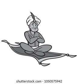 Black And White Magic Carpet Ride - A vector cartoon illustration of a man riding a Magic Carpet.