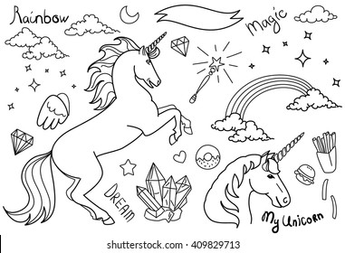 Black and White Magic collection with unicorns, rainbow, stars and crystals 