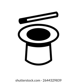 Black and White Magic Icon Featuring a Hat and Wand Illustration