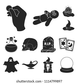 black and white magic black icons in set collection for design. Attributes and sorceress accessories vector symbol stock web illustration.