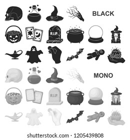 Schwarz-Weiß-Zaubersymbole in Set-Kollektion für Design. Attribute und Zauberzubehör Vektorsymbol Stockgrafik.