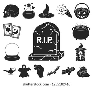 black and white magic black icons in set collection for design. Attributes and sorceress accessories vector symbol stock web illustration.