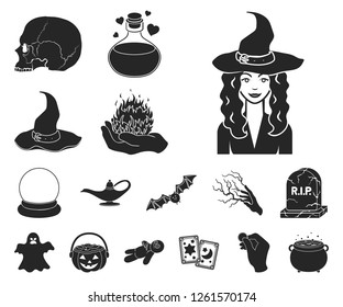 black and white magic black icons in set collection for design. Attributes and sorceress accessories vector symbol stock web illustration.