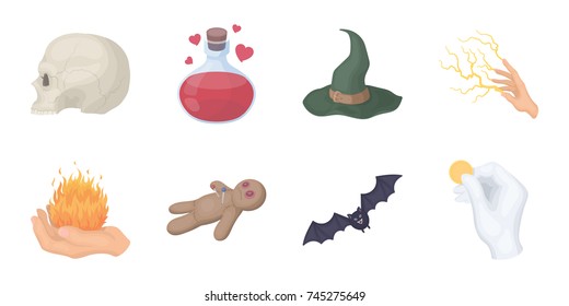 Black and white magic icons in set collection for design. Attributes and sorceress accessories vector symbol stock web illustration.