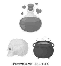 Black and white magic monochrome icons in set collection for design. Attributes and sorceress accessories vector symbol stock web illustration.