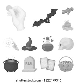 Black and white magic monochrome icons in set collection for design. Attributes and sorceress accessories vector symbol stock web illustration.