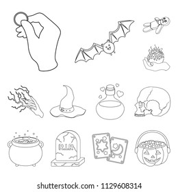 Black and white magic outline icons in set collection for design. Attributes and sorceress accessories vector symbol stock web illustration.