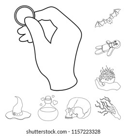 Black and white magic outline icons in set collection for design. Attributes and sorceress accessories vector symbol stock web illustration.