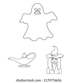 Black and white magic outline icons in set collection for design. Attributes and sorceress accessories vector symbol stock web illustration.
