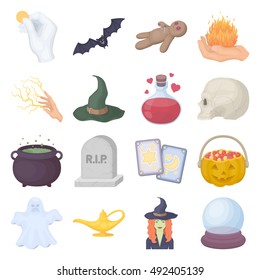 Black and white magic set icons in cartoon style. Big collection of magic vector illustration symbol.