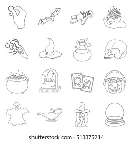 Black and white magic set icons in outline style. Big collection of and white magic vector symbol stock illustration